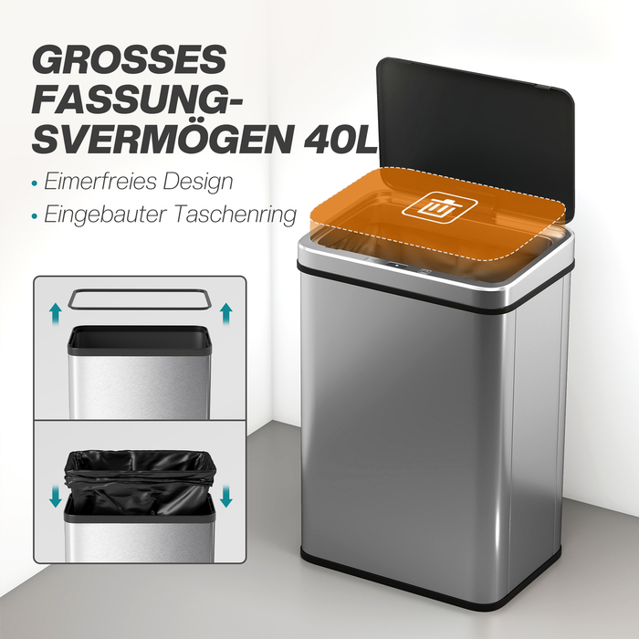 Відро для сміття з датчиком 40 л, нержавіюча сталь, автоматичне відкриття з м'яким закриванням кришки, датчик руху, розміри 35,5 x 26 x 55 см, сріблястого кольору