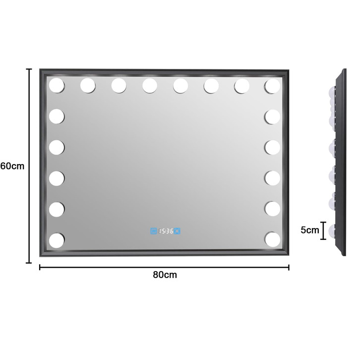 Дзеркало для ванної кімнати YOURLITE з LED-підсвічуванням 100x60 см, сенсорне управління, годинник, антизапотівання, 3 кольори світла, регулювання яскравості, функція пам'яті, білий/чорний