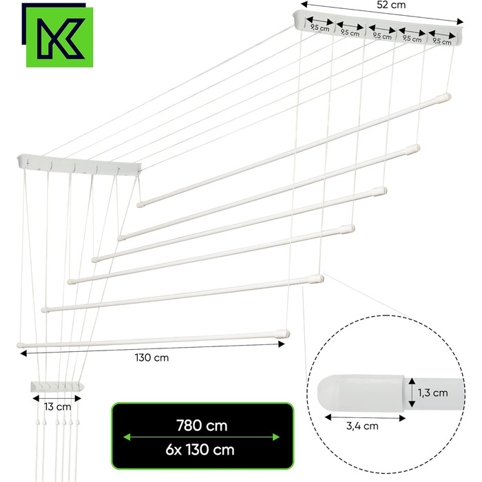 Стельова сушильна машина, 6 сталевих перекладин, вантажопідйомність 12 кг, 6x130см, білий