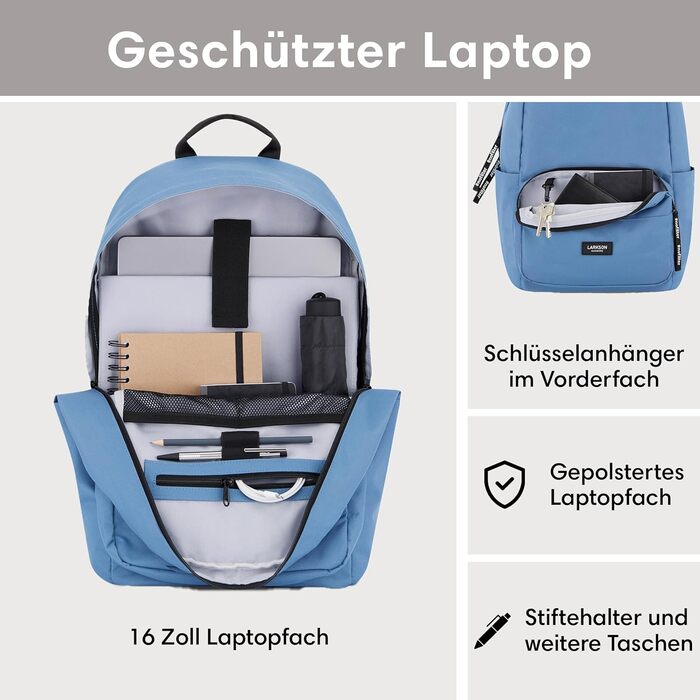 Рюкзак шкільний LARKSON для дівчаток та хлопчиків Підлітки - No 3 - Рюкзак жіночий та чоловічий для школи - 16 Відділення для ноутбука - виготовлено з переробленого ПЕТ - водовідштовхувальний (світло-блакитний)