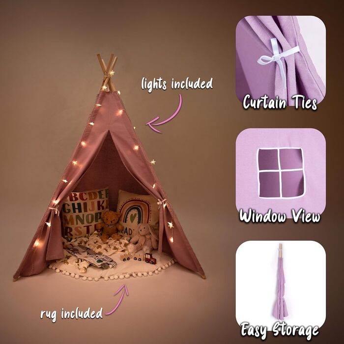 Дитячий намет-тіпі у фіолетовому кольорі | Ігровий намет-тіпі для дівчаток та хлопчиків, 140 x 120 см, бавовняний тканний матеріал зі зірочками та килимком