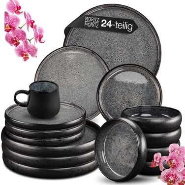 Набір посуду Moritz & Moritz SOLID 24 предмети для 6 осіб, кераміка, антрацит - обідні тарілки, глибокі тарілки, маленькі тарілки, чашки з ручками