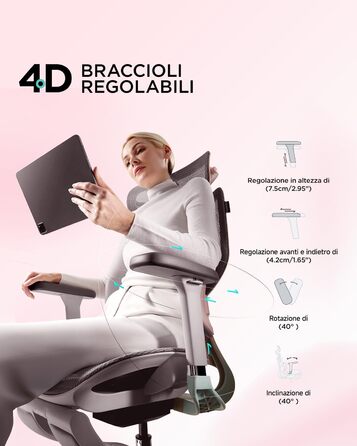 Офісне крісло Hbada E3 Pro, ергономічне, з 3-зонною динамічною поперековою підтримкою, 4D регульованим підголівником, 3D регульованими підлокітниками, підставкою для ніг, рожеве