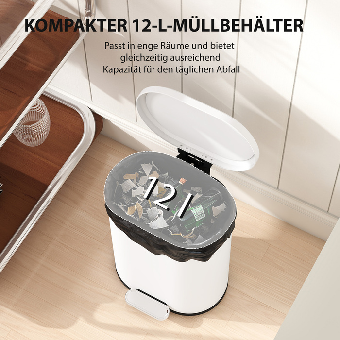 Відро для сміття 12 л з педаллю, внутрішнім відром, м'яким закриттям кришки, біле (30 x 25,5 x 37,5 см)
