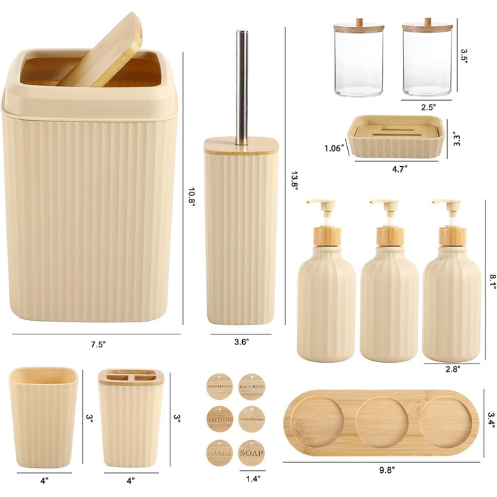 Набір для ванної кімнати 17 предметів, бежевий. Комплект аксесуарів для ванної кімнати з відром, 3 дозаторами для мила та лосьйонів, тримачем для зубних щіток, 6 дерев'яними гачками. Підходить для ванної кімнати та кухні.