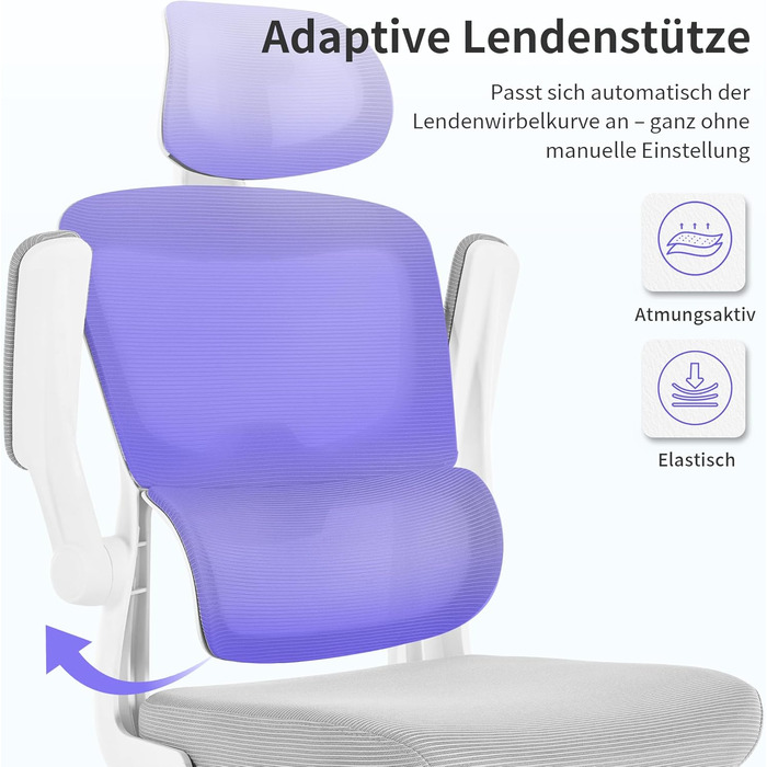 Офісний крісло SEEDWAVE з ергономічною підтримкою спини, регульованою підголівником та функцією гойдання, сірий та білий колір, до 150 кг