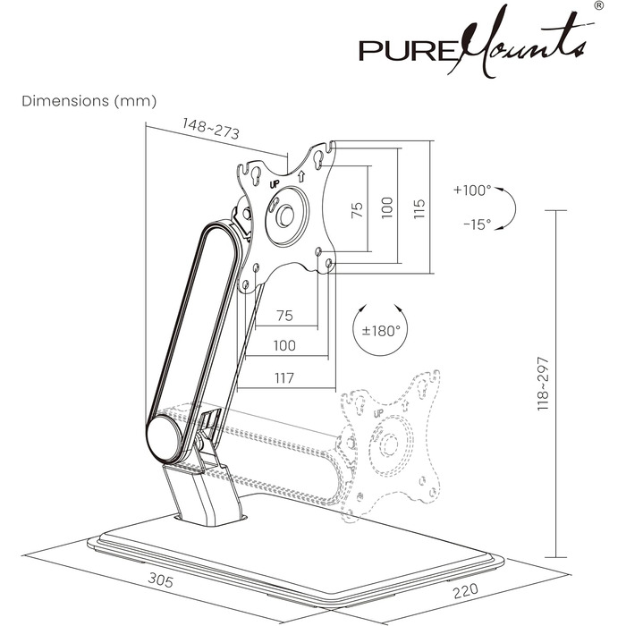 Кріплення для монітора PureMounts, підставка для сенсорного монітора, 17-32 дюйми, до 8 кг, VESA 75/100, 360° обертання, регулювання висоти, нахил, чорний