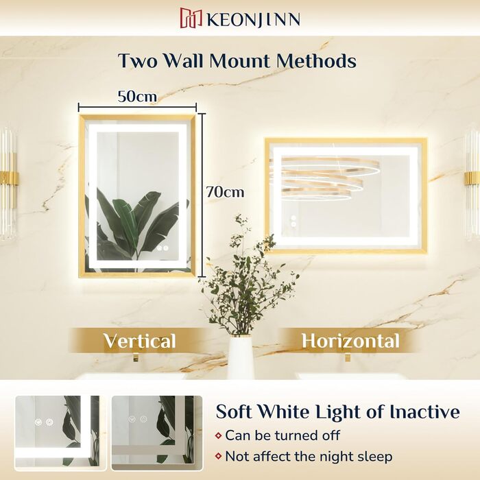 Дзеркало для ванної кімнати Keonjinn з підсвічуванням, 50x70 см, золотий металевий каркас, LED, сенсорне управління, 3 кольори світла, диммування, без запотівання, пам'ять налаштувань