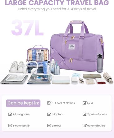 Спортивна сумка LOVEVOOK: дорожня, для вихідних, з культиватором, відділенням для взуття та мокрих речей, водонепроникна, пляжна, сауна, ручна поклажа, зелена (M, світло-фіолетова)