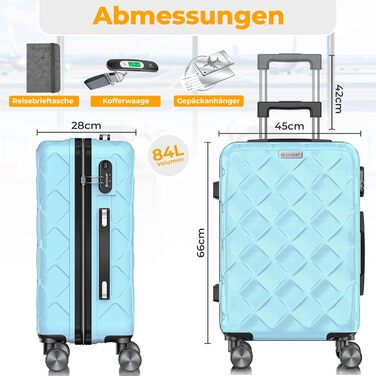 Чемодан KESSER® 84L з ABS-пластику з кодовим замком, вагами та аксесуарами для подорожей | Валіза на колесах для бізнесу та відпочинку, блакитний, 66 см