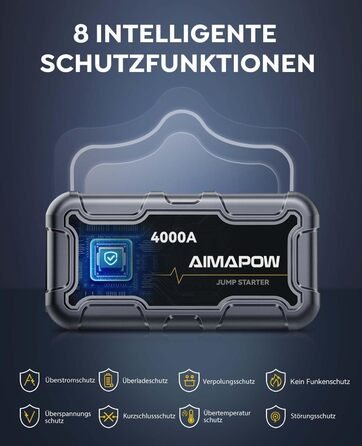 Powerbank Starthilfe AIMAPOW для автомобіля з компресором 160PSI, 27000mAh, 4000A, для бензинових та дизельних двигунів (до 12.0L), LED-ліхтар 600 LUM