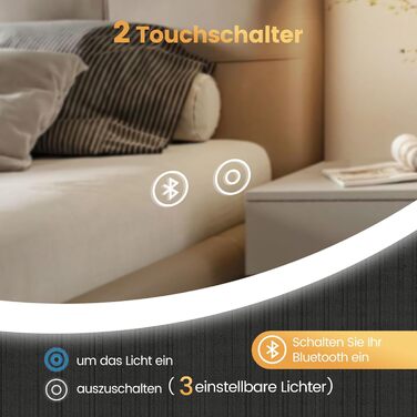 Дзеркало для ванної кімнати YOLEO з підсвічуванням, 70 см, LED, Bluetooth, сенсорне управління, захист від вибухів, 3 кольори світла, регулювання яскравості, антизапарник