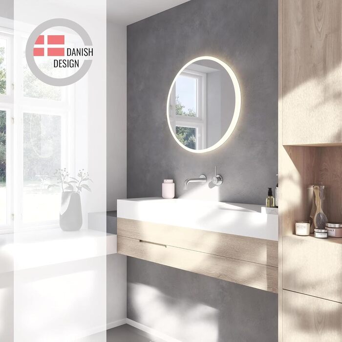 Дзеркало для ванної кімнати Loevschall Atlas з підсвічуванням, кругле, 60 см, без рами, сенсорне керування, LED-підсвічування, регульована яскравість, 60x60 см