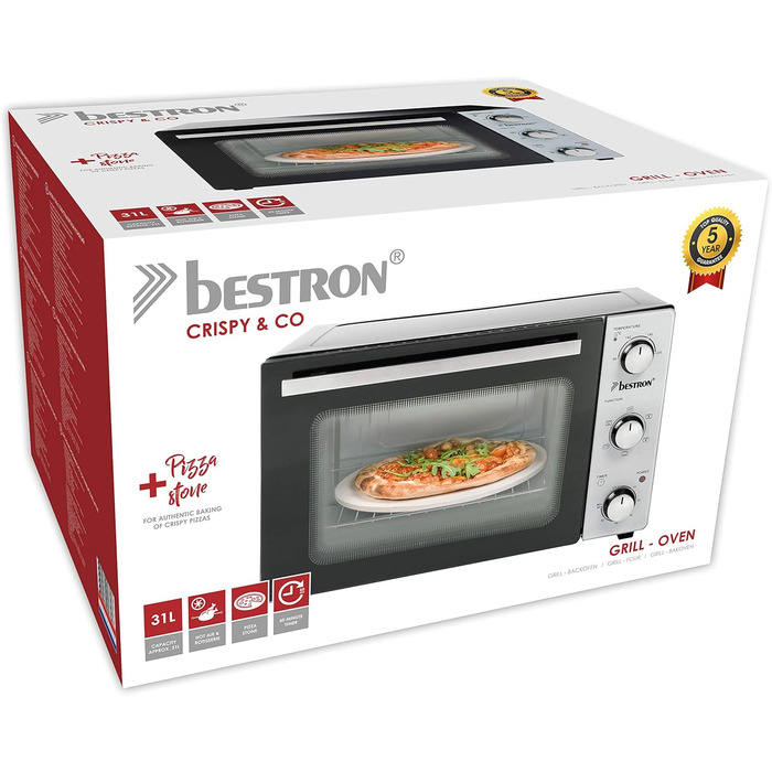 Міні-піч Bestron AOV31PS 31 л з обертальним шампуром та каменем для піци, 1500 Вт, нержавіюча сталь