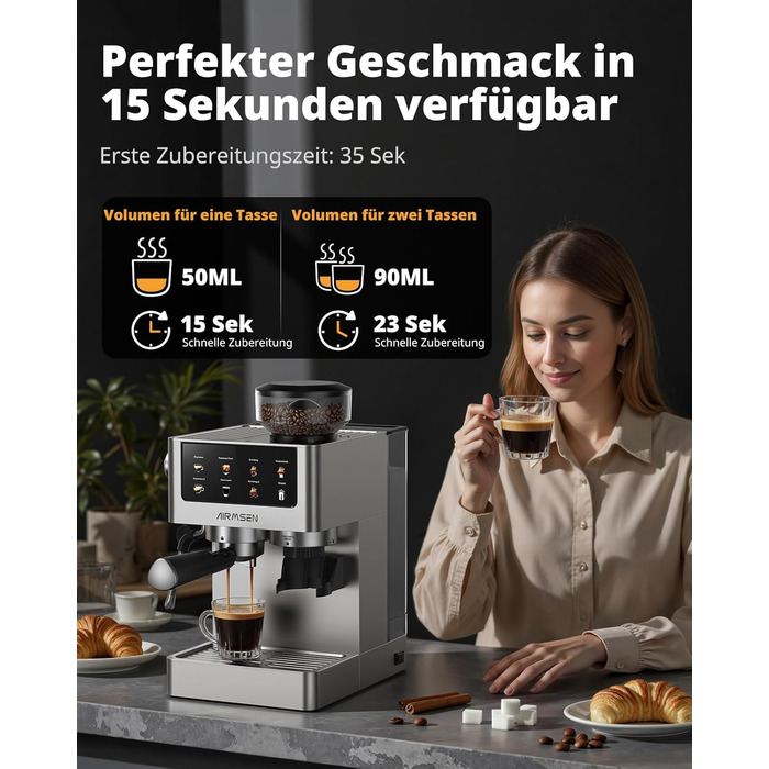 Еспресо-машина Siebträger з прозорою колбою, 20 Bar, автоматичний спінювач молока, для капучино та лате, Dual Boiler (1350W & 1000W), 15s екстракція, нержавіюча сталь, бак 1.8L, сенсорний дисплей, автоматичний спінювач молока (з млинком)