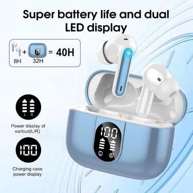 Бездротові навушники-вкладиші Csasan Bluetooth 5.3, ENC, мікрофон, 40 годин, водонепроникний IP7, синій