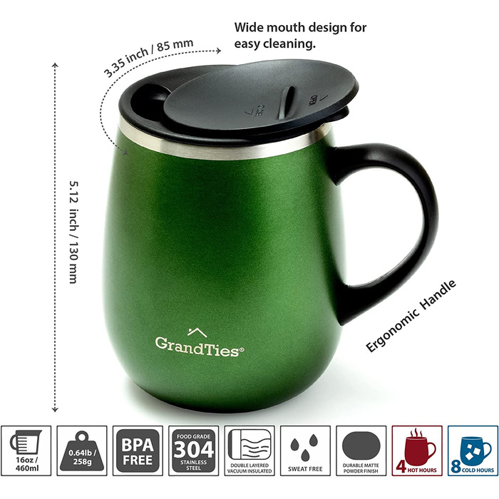 Термокружка Grandties з ручкою та кришкою-ковзавкою - 480 мл, подвійні стінки з нержавіючої сталі, для гарячих та холодних напоїв (Смарагдово-зелений металік)