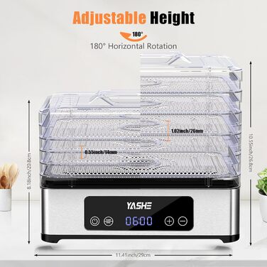 Електричний дегідратор YASHE з нержавіючою сіткою, 5-ярусний, 400W, з таймером для м'яса, фруктів, овочів, трав та собачих ласощів. 5 ярусів з нержавіючої сталі