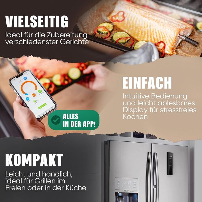 Бездротовий термометр для м'яса з додатком, термометр для гриля, розумний термометр для приготування їжі на кухні та грилі, велика дальність, стійкість до високих температур до 300°C, термометр для приготування, кухонний термометр