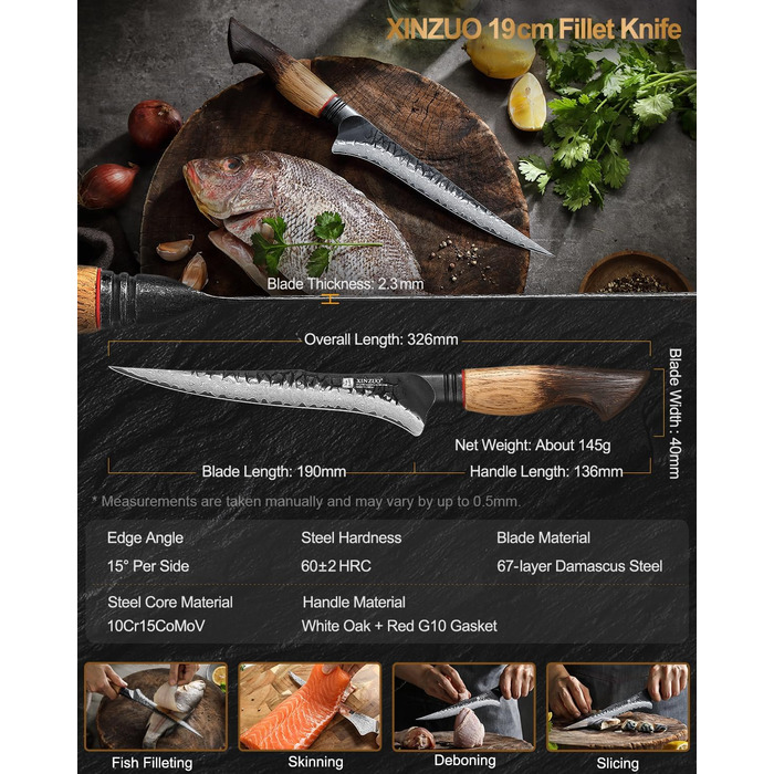 Ніж кухарський XINZUO Damaststahl з нержавіючої сталі Дамаск, 19,3 см - професійний, з ергономічною ручкою з білого дуба, серія Mo (ніж для філетування)