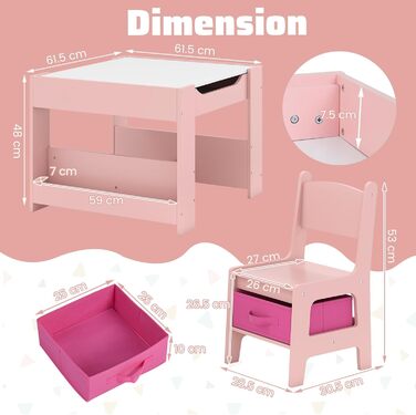 Дитячий столик Dreamade 4 в 1 з 2 стільцями: дерев'яний набір з дошкою та полицями, столик-стілець для дітей з 2 тканинними коробками, рожевий