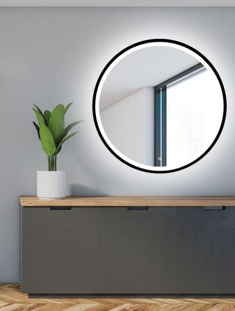 Дзеркало для ванної кімнати LED 60 см з чорною рамою, кругле, з підсвіткою (80x80 см)