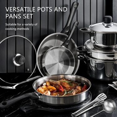 Набір каструль 6 шт. з нержавіючої сталі для індукційних плит, Cookware Set, з кришкою та захистом від опіків, сумісний з усіма типами плит, не має покриття, придатний для миття в посудомийній машині