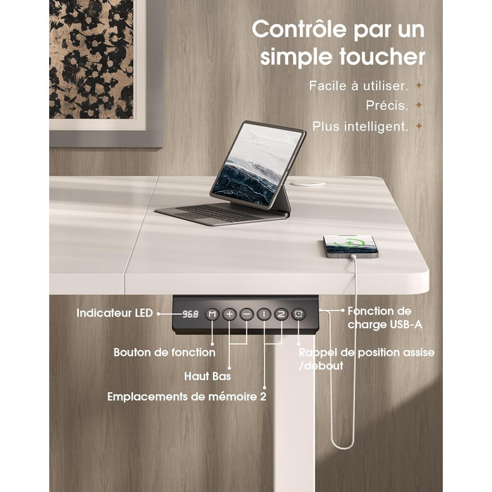 Регульований стіл Devoko з підйомною висотою, 140x80 см, з ящиками, USB-порт, органайзер для кабелів, стоячий стіл з 3 рівнями пам'яті, білий