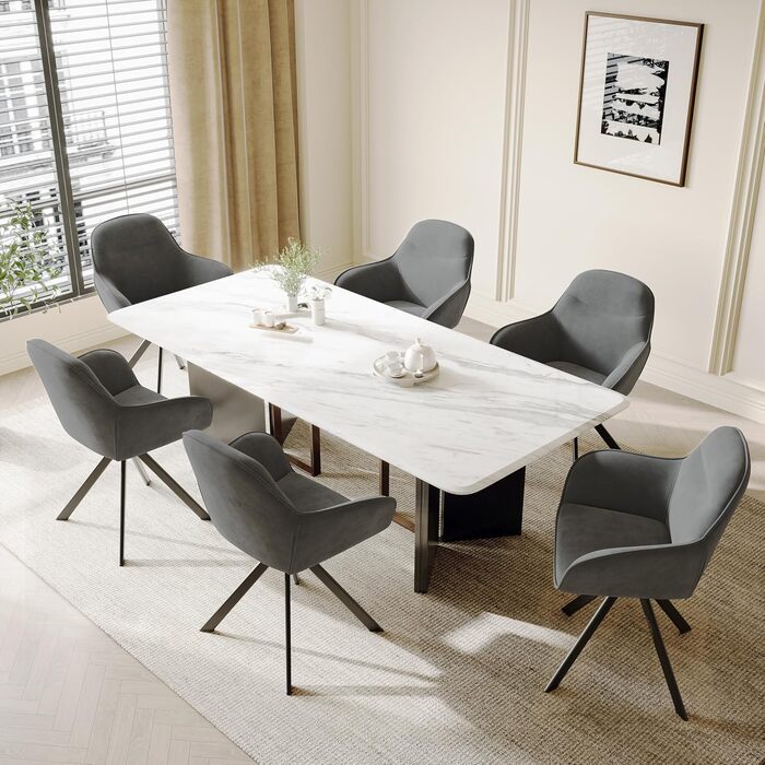 Набір з 6 обертових кухонних стільців з підлокітниками, м'який стілець з велюру, для вітальні та їдальні, темно-сірий