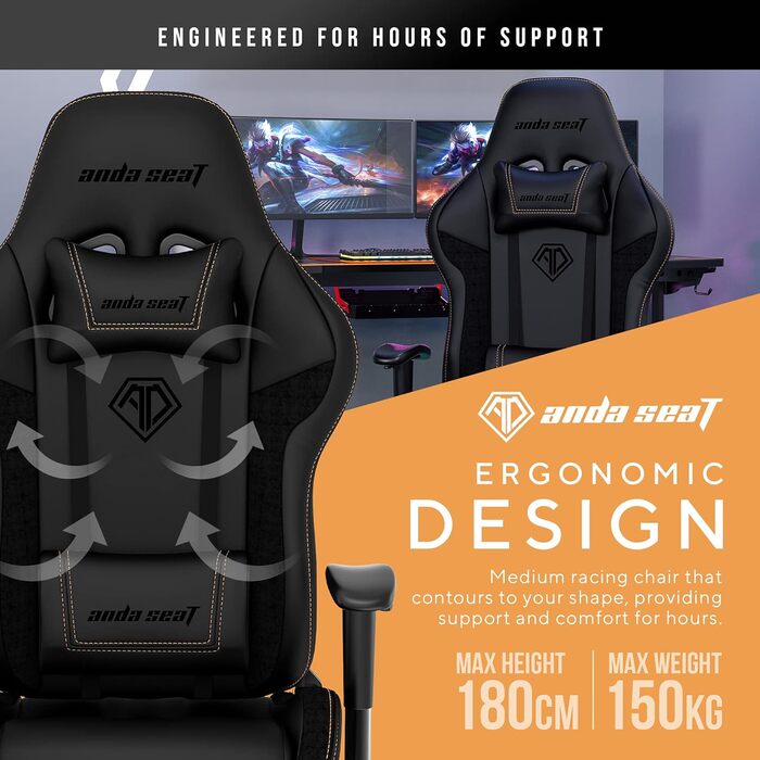 Ігрове крісло Anda Seat Jungle 2 Black з підставкою для ніг - шкіряне ігрове крісло преміум-класу, ергономічне офісне крісло з поперековою підтримкою - геймерське крісло для дорослих та підлітків