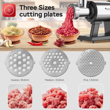 Електрична м'ясоподрібнювач TurboTronic Samurai 2600W з набором аксесуарів: для ковбас, печива, кеббе та подрібнення овочів. Корпус з нержавіючої сталі, металеве редукторне зчеплення.