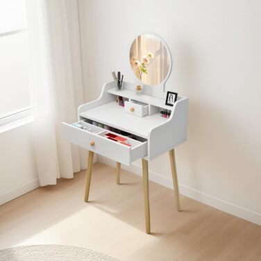 Дзеркальний туалетний столик DATO з LED-підсвічуванням, 3 режими кольору та регулюванням яскравості, з пуфом, 5 шухляд та 3 полиці, розсувний дзеркало (121)