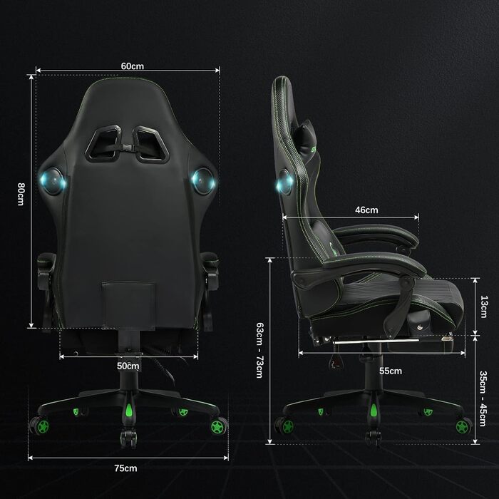 Ігрове крісло GTPLAYER, ергономічне ігрове крісло Стілець Крісло для геймерів ПК з підставкою для ніг Динамік Музичне офісне крісло до 150 кг з можливістю завантаження чорно-зелений