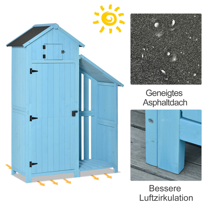 Outsunny Garden Shed Садовий сарай з кімнатою для зберігання дров 3 полиці Асфальтовий дах Ялиця Sky Blue 130x54.5x180см для саду та тераси