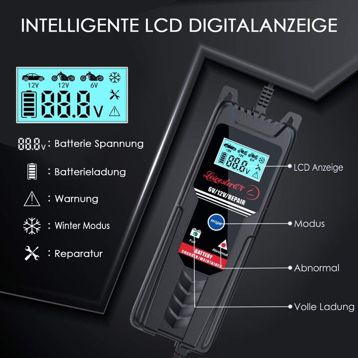 Зарядний пристрій для акумулятора LEICESTERCN 12V/24V - автоматичний, 5/10/25A, LCD, для авто, мото, 6V/12V