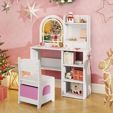 Дитячий туалетний столик LIFEZEAL 2 в 1 з дзеркалом та пуфом, з шухлядою, для дівчаток від 3 років (білий)