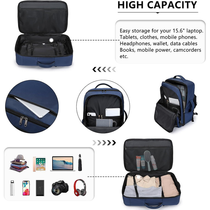 Рюкзак KONO для ручної поклажі в літак, великий, водонепроникний, 55 x 35 x 20 см, 38L (Navy)