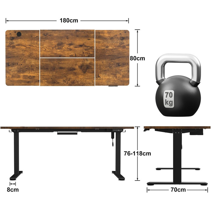 Електричний стоячий стіл Devoko 180x80 см з USB-портом, 3 положення, таймер, блокування, рустикальний/вінтажний колір