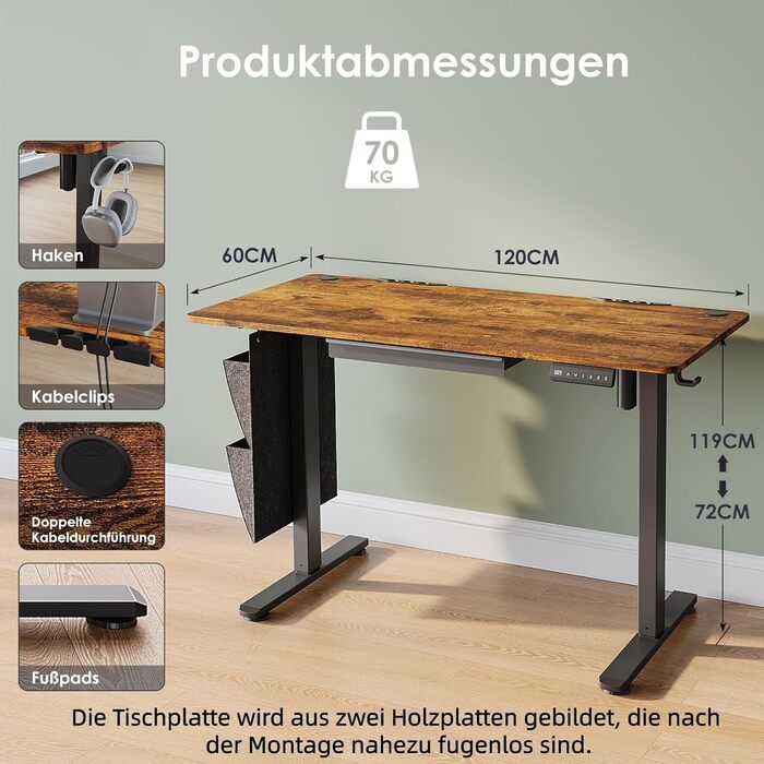 Електричний регульований стіл 120x60 см з пам'яттю висоти. Стіл для стоячи/сидячи, з висувними ящиками, коричневий, для дому/офісу/навчання.