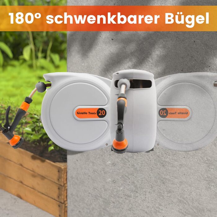 Автоматичний барабан для садового шланга Giraffe Tools 20м + 2м, настінна шланговий бокс з поворотним механізмом 180° та 7-позиційною насадкою та білим з'єдчним шлангом