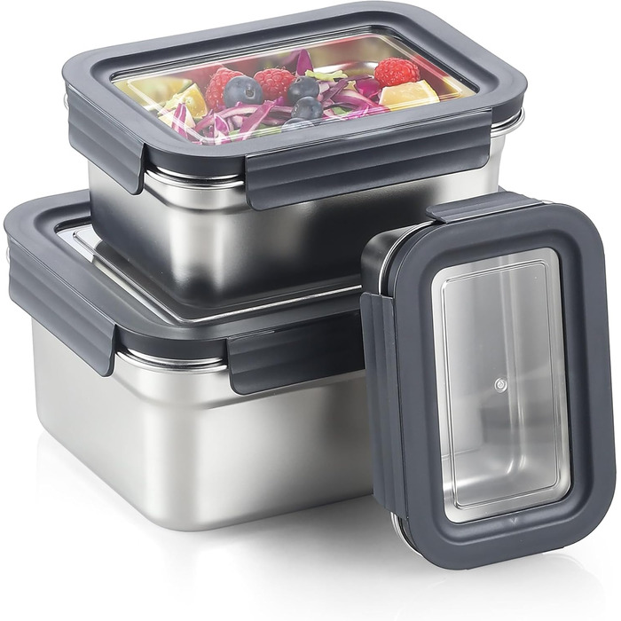 Набори контейнерів для їжі Misichao з нержавіючої сталі, герметичні, для кухні та комори, з можливістю штабелювання, багаторазові, об'єм 450 мл + 1100 мл + 2500 мл