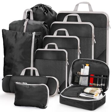 Набір органайзерів для валізи та рюкзака 10 предметів, компресійні сумки для одягу та речей у подорож, чорний