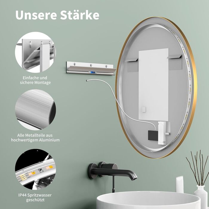 Дзеркало для ванної кімнати HOKO Design Riga діаметром 60 см з металевим каркасом. Кругле настінне дзеркало з енергозберігаючою LED-підсвіткою, сенсорним вимикачем, регулюванням кольору світла (тепле біле, холодне біле, нейтральне) (80x80 см, золото + ант