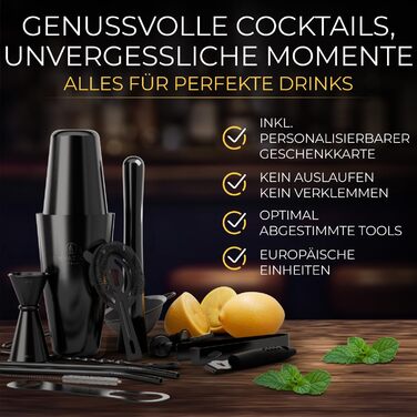 Коктейльний набір Schwarz 14 предметів: шейкер Бостон 825 мл, аксесуари для коктейлів, рецепти, професійний та початківець, подарунковий набір чорний