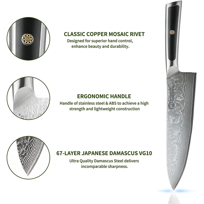 Набір ножів Sunnecko 6 предметів з блоком: кухонні ножі з дамаської сталі, ергономічні ручки, кухонні ножиці, тримач для ножів, дерев'яний блок