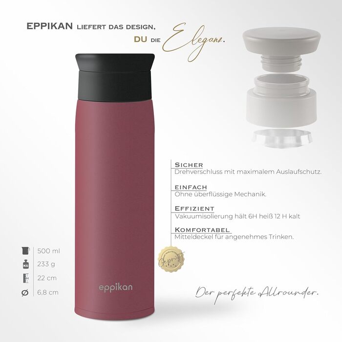 Термокружка EPPICAN EppiToGo 500 мл, нержавіюча сталь, для кави з собою, вихідний термос, витримує витік, гігієнічне відкриття 360°, Бордовий колір