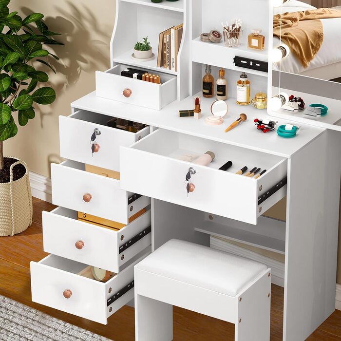 Туалетний столик зі світлом та дзеркалом, з пуфом, 6 шухляд та 6 полиць, 80x36x130 см (PW5)