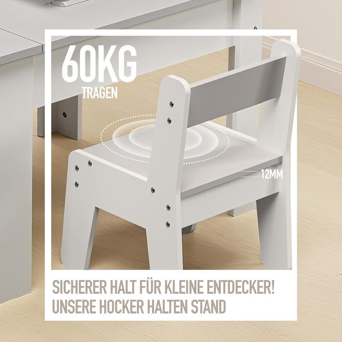 Дитячий столик з двома стільцями Kinderkraft, багатофункціональний: ігри, малювання, читання, 4 змінних панелей, регульований та безпечний, з місцем для зберігання, до 60 кг, від 3 років