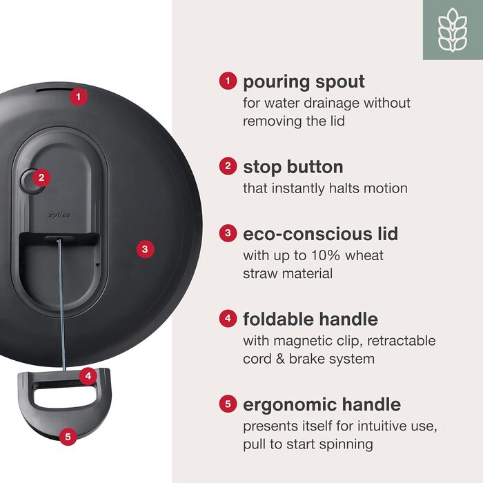 Салатниця Zyliss Easy Spin, 6 л, з мотузковим приводом, неслизьке дно, миска для подачі, AquaVent™-технологія, кнопка стоп, легко миється, сірий колір