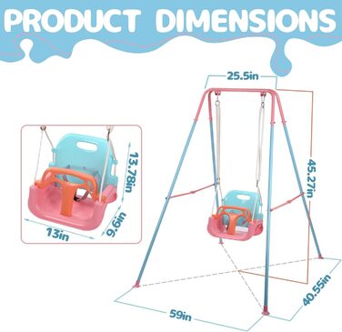 Дитяча гойдалка-шезлонґ 3-в-1 для дому та вулиці з металевим каркасом, рожева. Підходить для дітей від 6 місяців до 10 років